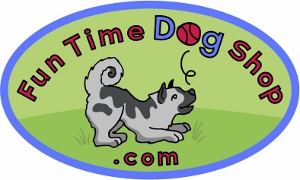 Logo for Fun Time Dog Shop.com featuring a playful dog with a wagging tail, crouched as if ready to play, on a green oval background. The word Dog has a ball replacing the letter o.