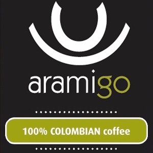 Aramigo logo with stylized white design above the word aramigo on a black background. Below, a green banner reads 100% COLOMBIAN coffee in white text.