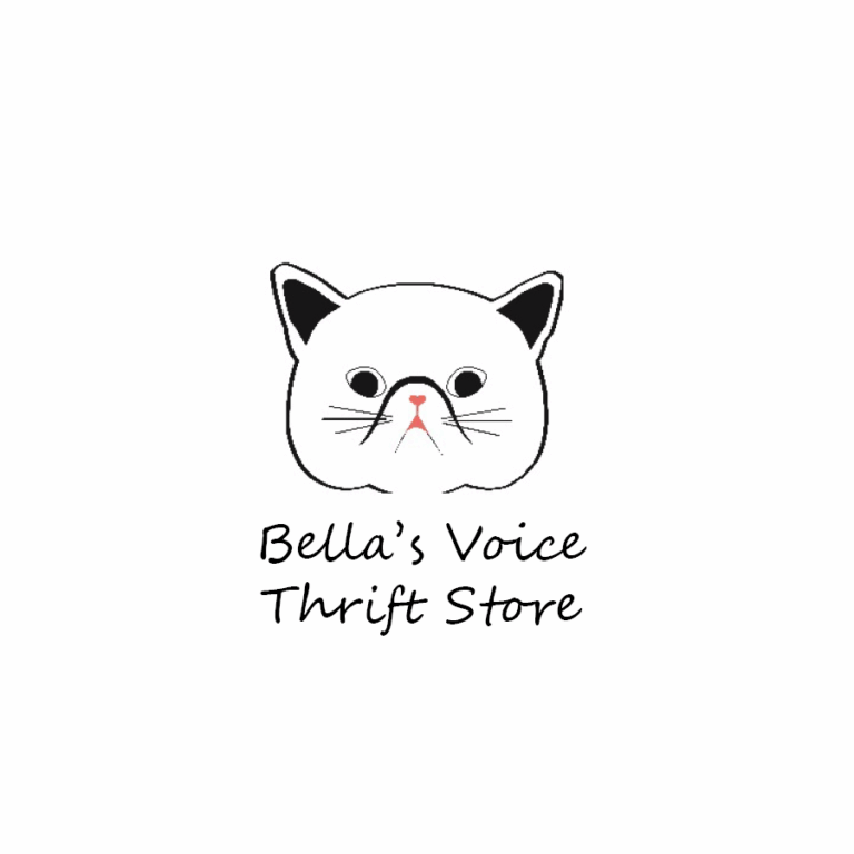 Logo of a white cat with black ears and a pink nose, above the handwritten text Bellas Voice Thrift Store on a plain white background.