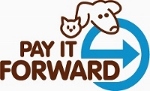 Logo with a cat and dog outlined above a large blue arrow. Below them, bold brown text reads Pay It Forward. The design suggests an initiative related to kindness or charity for animals.