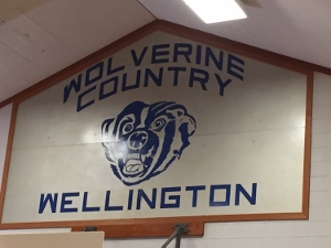 A wall sign reads Wolverine Country Wellington in blue letters, with an illustrated, snarling wolverine head in the center, all on a white background framed with wood trim.