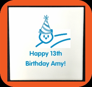 A white card with a simple blue drawing of a smiling face wearing a party hat. Below it, blue text reads: Happy 13th Birthday Amy! The card has a rounded orange border.