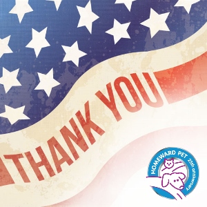 An American flag background with bold red text reading THANK YOU. In the corner is the Homeward Pet Adoption logo featuring a dog, cat, and the text 25th Anniversary.