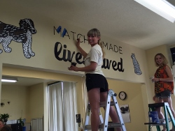 Two women stand on ladders painting a wall with the words “MATCH MADE lives saved” and illustrations of a dog and a cat; one smiles at the camera while painting.