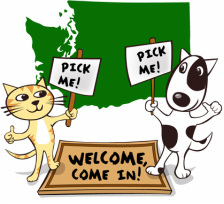 A cartoon cat and dog hold PICK ME! signs next to a WELCOME, COME IN! mat, with a green outline of Washington state in the background.