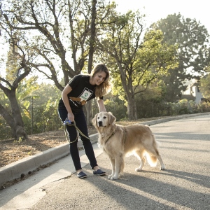 A woman stands on a sunlit sidewalk petting a golden retriever on a leash. Trees and greenery surround them, and both appear relaxed during their walk.