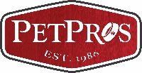 Red, shield-shaped logo with white text reading PetPros and EST. 1986 beneath it. The letter O in Pros features a paw print inside.