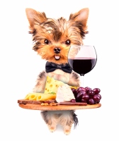 A small dog wearing a black bow tie holds a wooden tray with cheese, grapes, and a glass of red wine. The dog looks forward with its tongue out and ears perked up.