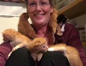A smiling person wearing glasses has several orange and one black-and-white kittens climbing on their shoulders and lap indoors.