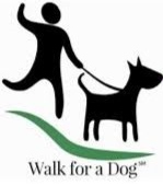 A simple black silhouette of a person walking a dog on a leash over a green curved line, with the text Walk for a Dog below the image.