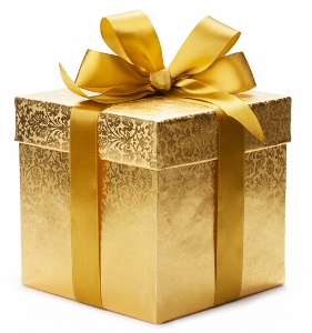 A gold gift box with a shiny gold ribbon and bow, featuring a subtle floral pattern on the wrapping paper, set against a white background.