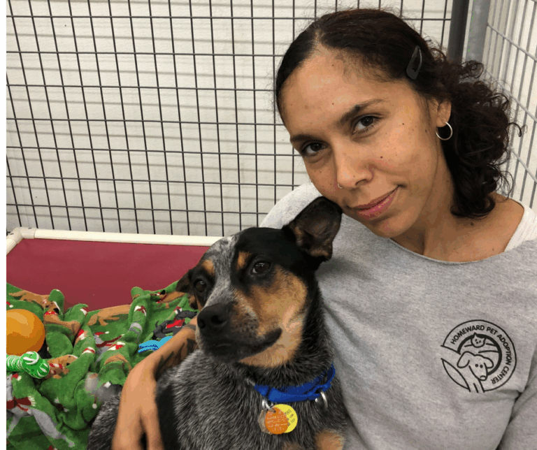 A woman with dark curly hair in a gray T-shirt sits in an enclosure, smiling and holding a black and gray dog with pointed ears and a blue collar. Colorful dog toys are scattered nearby.