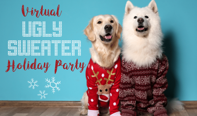 ugly sweater header with dogs in ugly sweaters