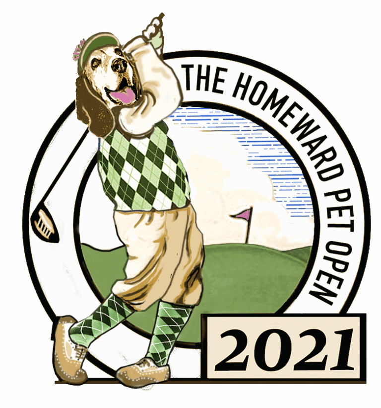 A dog with a flower on its ear is illustrated as a golfer in vintage attire, swinging a club on a golf course. The text reads The Homeward Pet Open 2021.