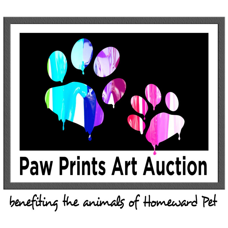 Two colorful paw prints with paint drips are shown on a black background. Text reads “Paw Prints Art Auction” and “benefiting the animals of Homeward Pet.”.