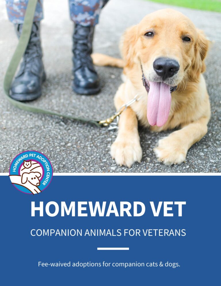 A happy golden retriever with its tongue out sits on grass beside a person in camouflage pants. Text reads: “Homeward Vet, Companion Animals for Veterans. Fee-waived adoptions for companion cats & dogs.”.