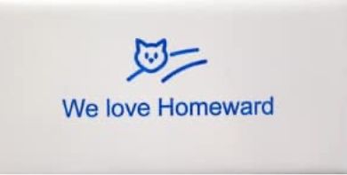 A simple blue line drawing of a cats face with motion lines above the text We love Homeward on a white background.