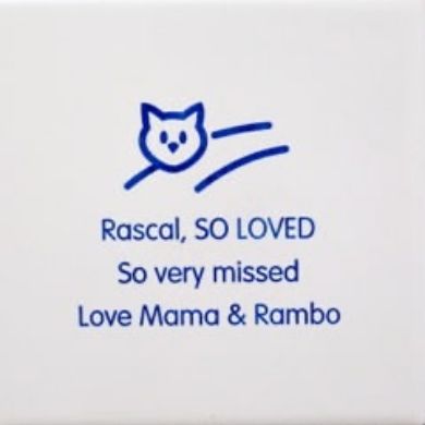 A simple drawing of a smiling cat above the words: Rascal, SO LOVED. So very missed. Love Mama & Rambo.