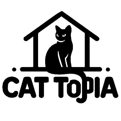 Logo featuring a black cat sitting inside a simple house outline, with the words CAT TOPIA written below in bold, rounded letters. The cats tail curves underneath the text.