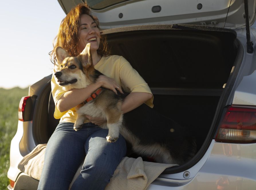 A smiling woman sits in the open trunk of a car, hugging a happy corgi dog. They are outdoors in a sunny, grassy area, and both look relaxed and joyful.
