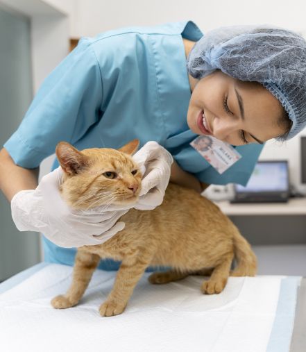 A veterinarian wearing gloves and a hairnet gently examines an orange cat on an exam table in a clinic.