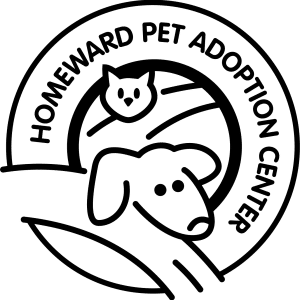 Black and white logo for Homeward Pet Adoption Center featuring a drawing of a dog’s face and a cat’s face inside a circular design with the organization’s name around the top.
