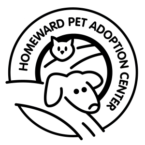 A circular logo with the text Homeward Pet Adoption Center surrounding a simple line drawing of a dog in the foreground and a cat in the background.