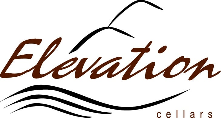 Logo for Elevation Cellars featuring the word Elevation in brown script, abstract mountain lines above, and sweeping lines below. The word cellars appears in smaller, lowercase brown letters at the bottom right.